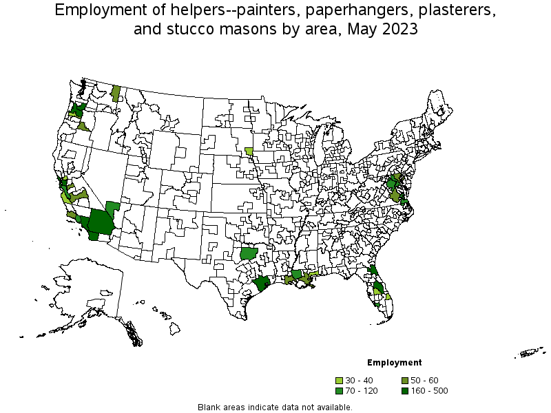 Map of employment of helpers--painters, paperhangers, plasterers, and stucco masons by area, May 2022