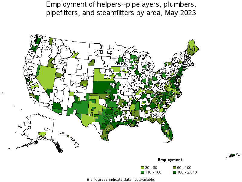 Map of employment of helpers--pipelayers, plumbers, pipefitters, and steamfitters by area, May 2022
