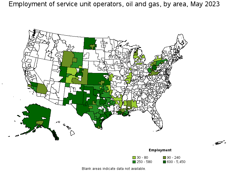 Map of employment of service unit operators, oil and gas by area, May 2022