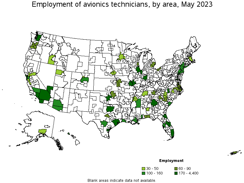 Map of employment of avionics technicians by area, May 2022