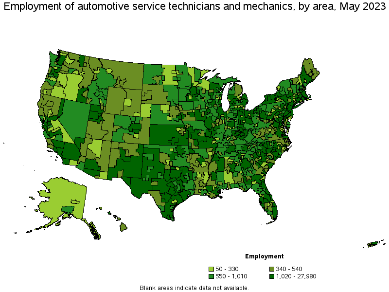Map of employment of automotive service technicians and mechanics by area, May 2021