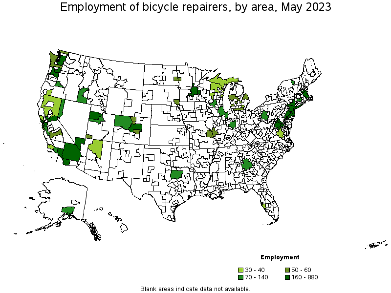 Map of employment of bicycle repairers by area, May 2021