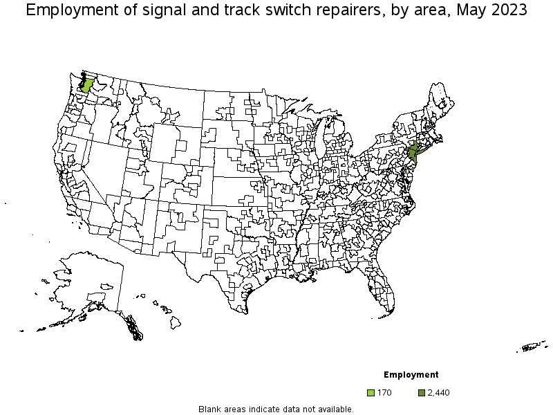 Map of employment of signal and track switch repairers by area, May 2022