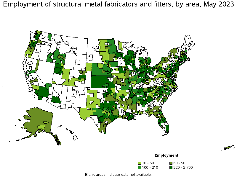 Map of employment of structural metal fabricators and fitters by area, May 2021