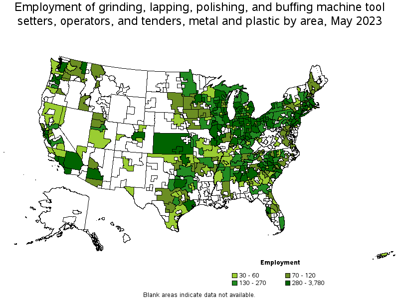 Map of employment of grinding, lapping, polishing, and buffing machine tool setters, operators, and tenders, metal and plastic by area, May 2022
