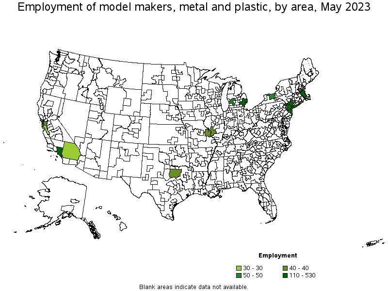 Map of employment of model makers, metal and plastic by area, May 2022