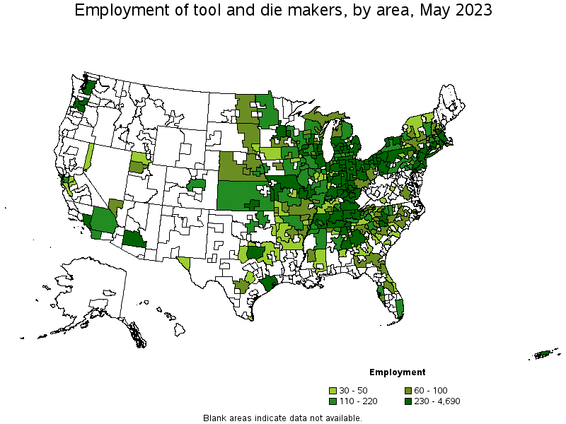 Map of employment of tool and die makers by area, May 2022