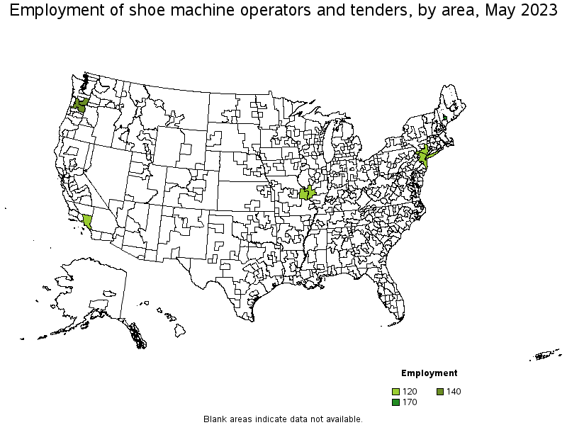 Map of employment of shoe machine operators and tenders by area, May 2021