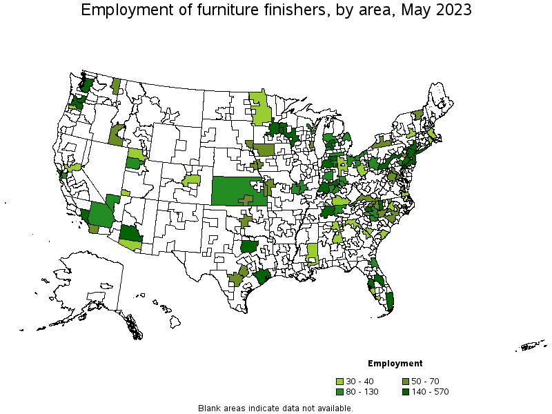 Map of employment of furniture finishers by area, May 2022