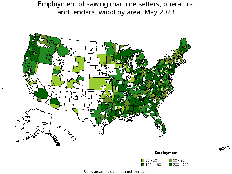 Map of employment of sawing machine setters, operators, and tenders, wood by area, May 2021
