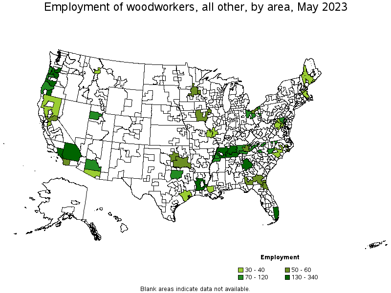Map of employment of woodworkers, all other by area, May 2021