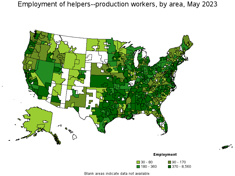 Map of employment of helpers--production workers by area, May 2021