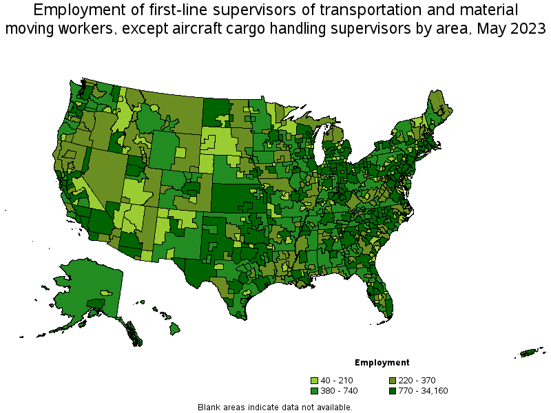 Map of employment of first-line supervisors of transportation and material moving workers, except aircraft cargo handling supervisors by area, May 2021