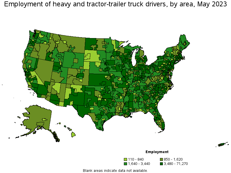 Map of employment of heavy and tractor-trailer truck drivers by area, May 2021