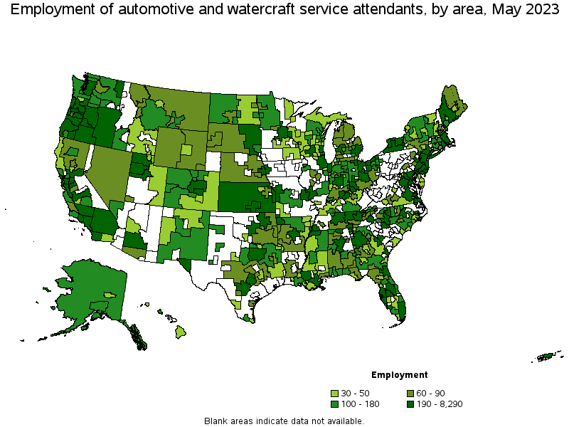 Map of employment of automotive and watercraft service attendants by area, May 2021