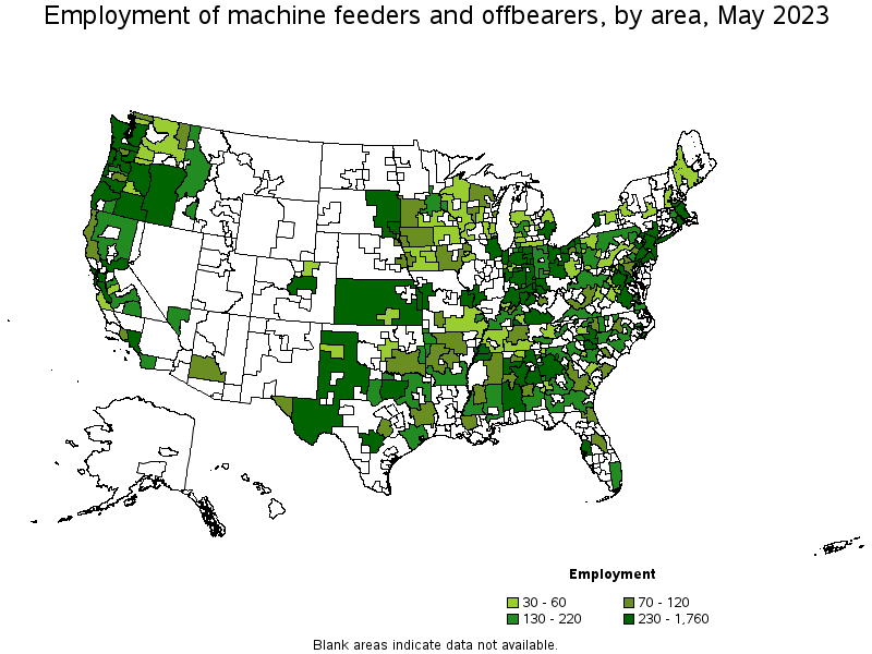 Map of employment of machine feeders and offbearers by area, May 2021