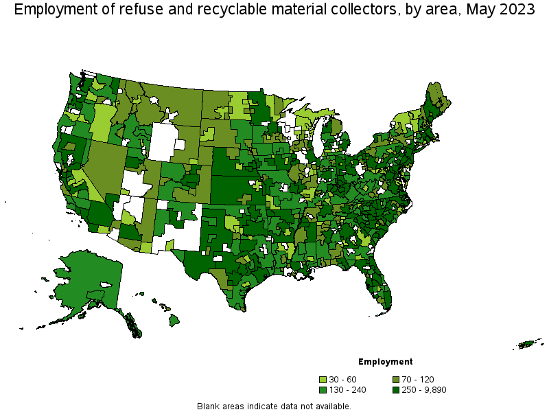 Map of employment of refuse and recyclable material collectors by area, May 2022