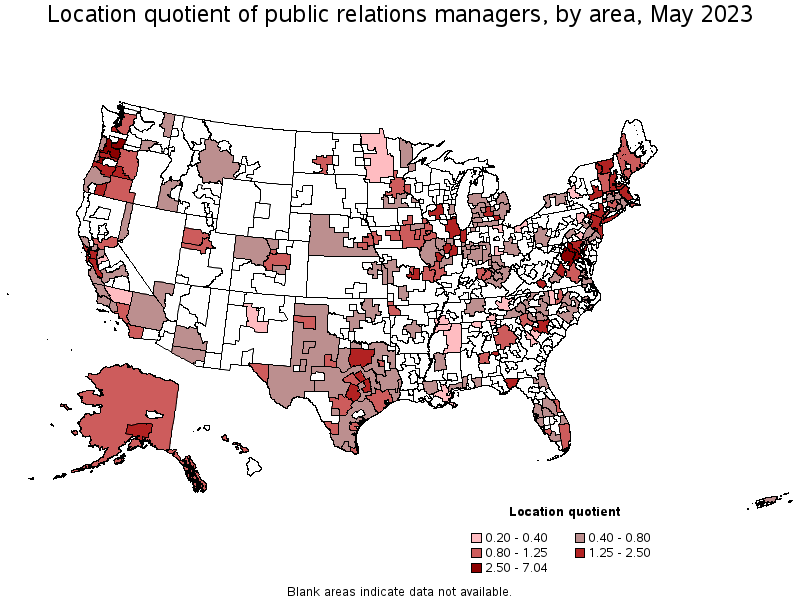 Map of location quotient of public relations managers by area, May 2022
