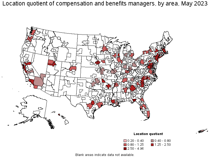 Map of location quotient of compensation and benefits managers by area, May 2022
