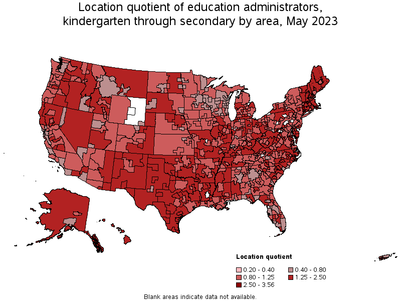 Map of location quotient of education administrators, kindergarten through secondary by area, May 2022