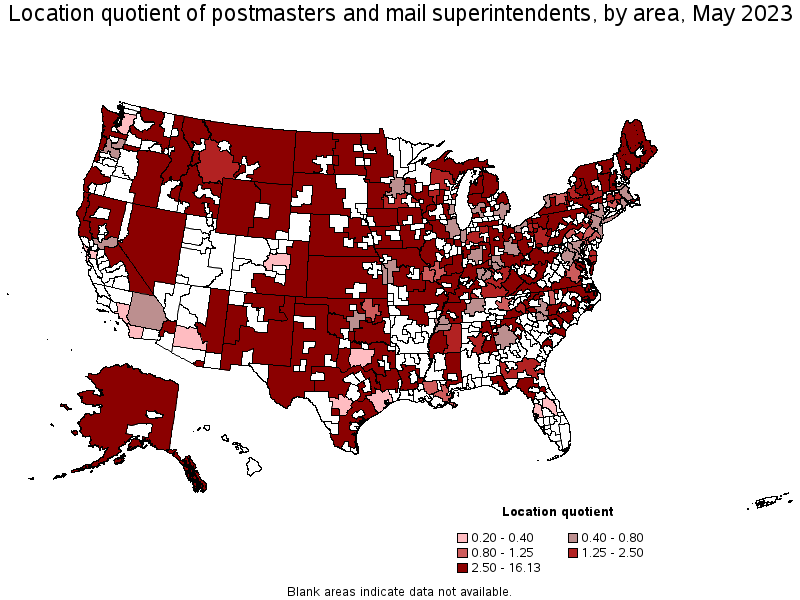 Map of location quotient of postmasters and mail superintendents by area, May 2022
