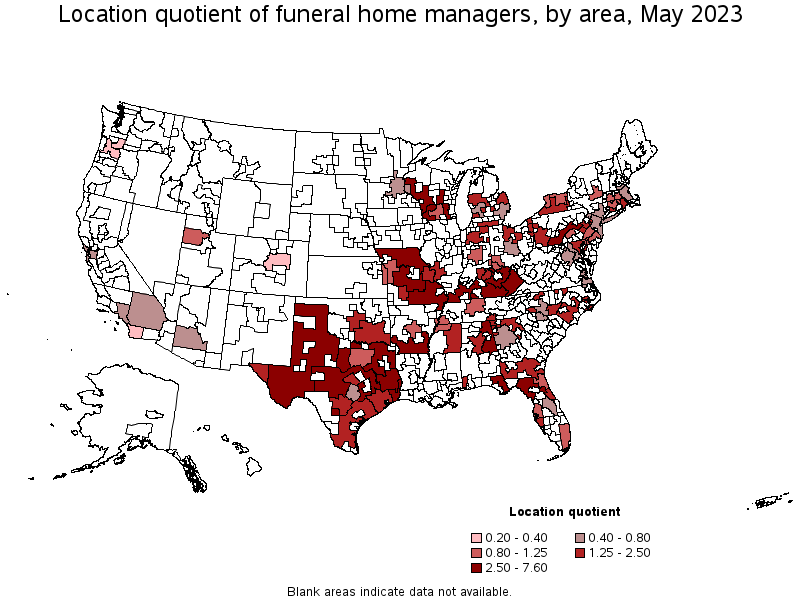 Map of location quotient of funeral home managers by area, May 2021