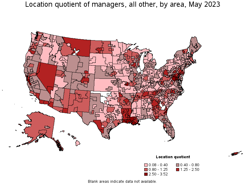 Map of location quotient of managers, all other by area, May 2021