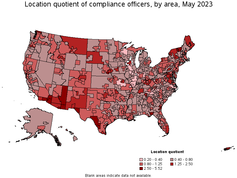 Map of location quotient of compliance officers by area, May 2021