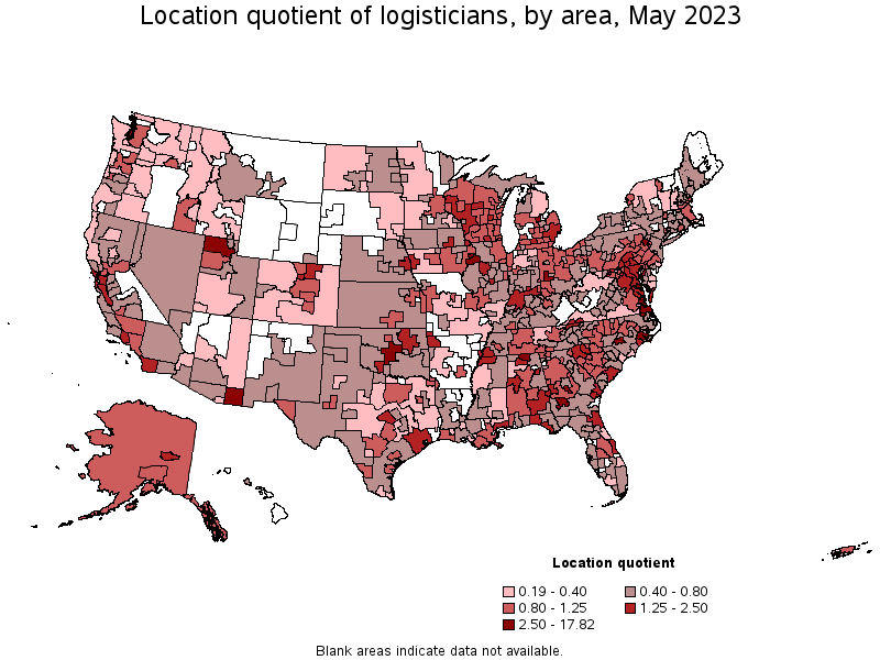 Map of location quotient of logisticians by area, May 2022