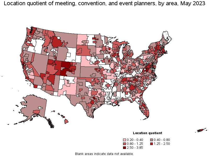 Map of location quotient of meeting, convention, and event planners by area, May 2021
