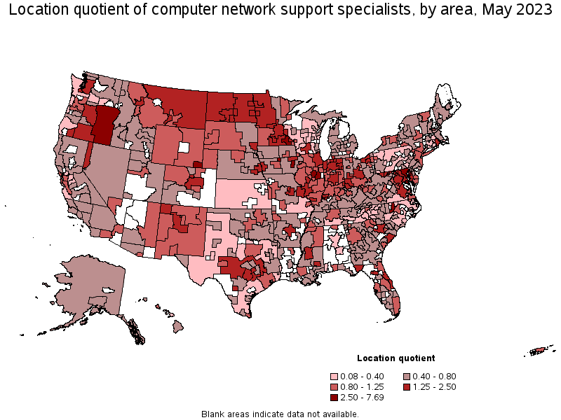 Map of location quotient of computer network support specialists by area, May 2022