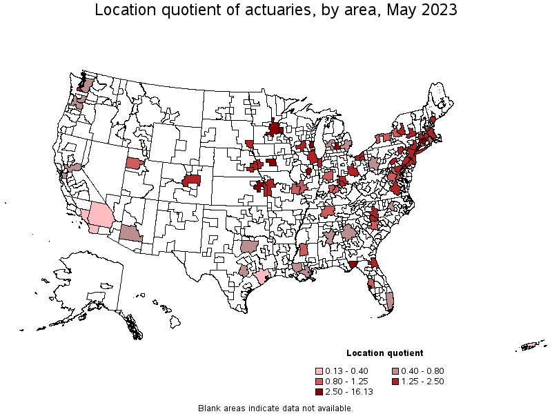 Map of location quotient of actuaries by area, May 2022