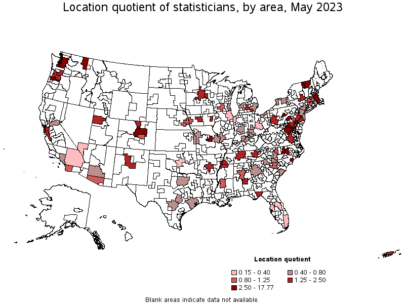 Map of location quotient of statisticians by area, May 2021