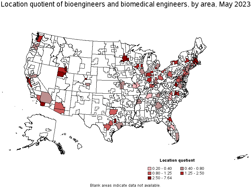 Map of location quotient of bioengineers and biomedical engineers by area, May 2022