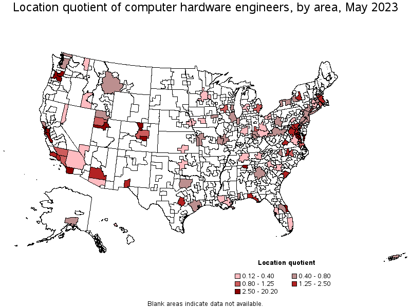 Map of location quotient of computer hardware engineers by area, May 2022