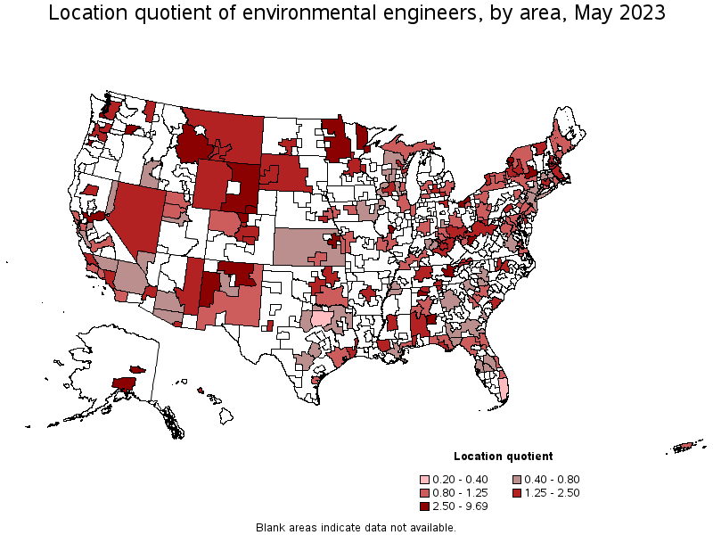 Map of location quotient of environmental engineers by area, May 2022