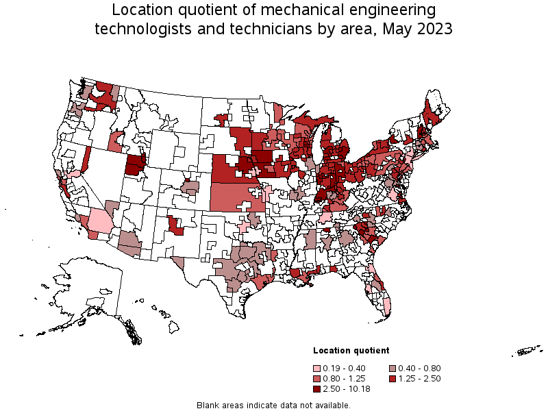 Map of location quotient of mechanical engineering technologists and technicians by area, May 2022