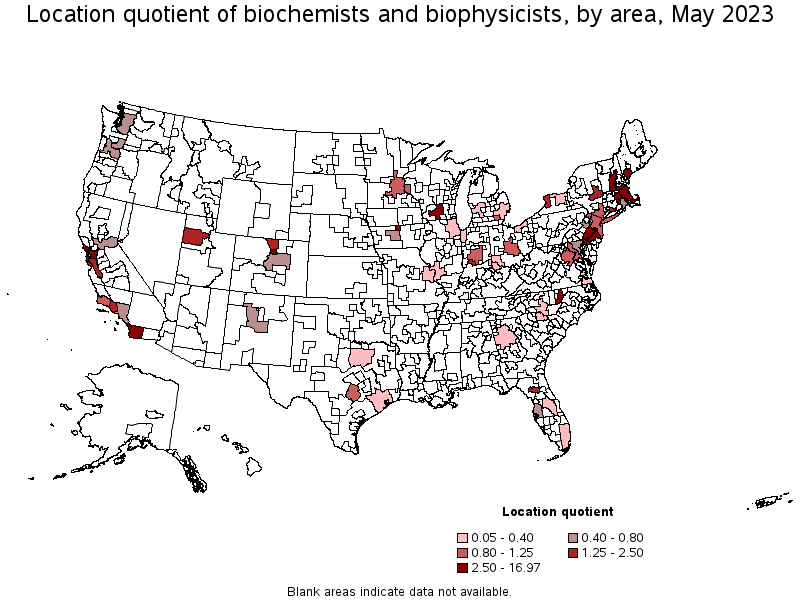 Map of location quotient of biochemists and biophysicists by area, May 2022