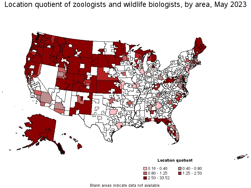 Map of location quotient of zoologists and wildlife biologists by area, May 2022