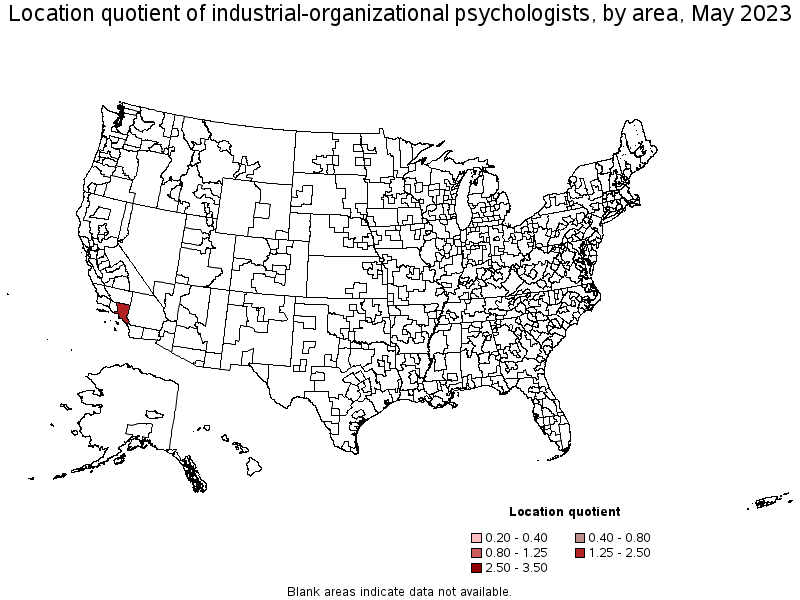Map of location quotient of industrial-organizational psychologists by area, May 2023