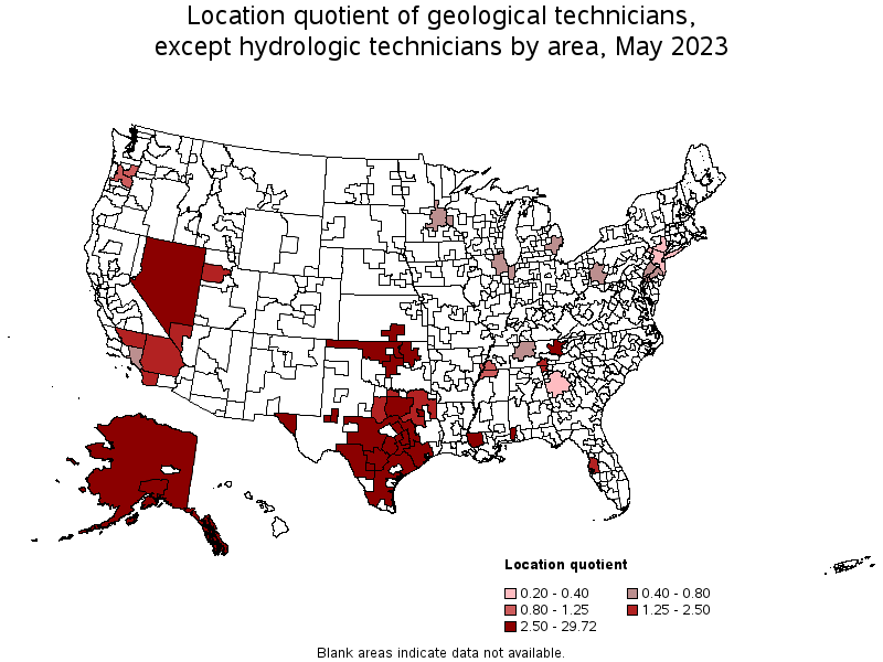 Map of location quotient of geological technicians, except hydrologic technicians by area, May 2021