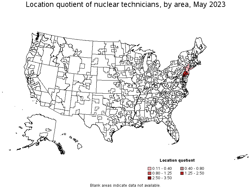 Map of location quotient of nuclear technicians by area, May 2021