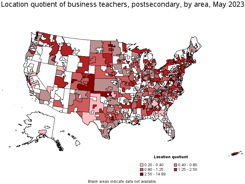 Map of location quotient of business teachers, postsecondary by area, May 2021