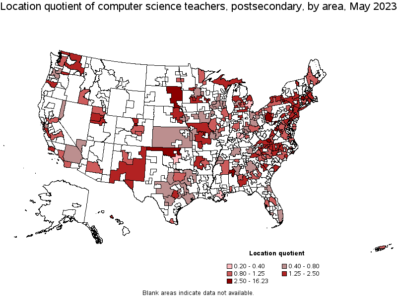 Map of location quotient of computer science teachers, postsecondary by area, May 2022