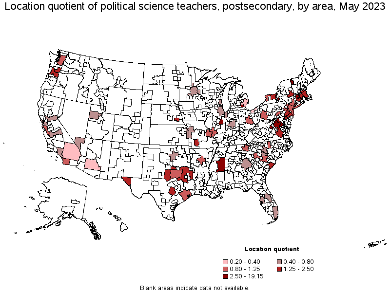 Map of location quotient of political science teachers, postsecondary by area, May 2022