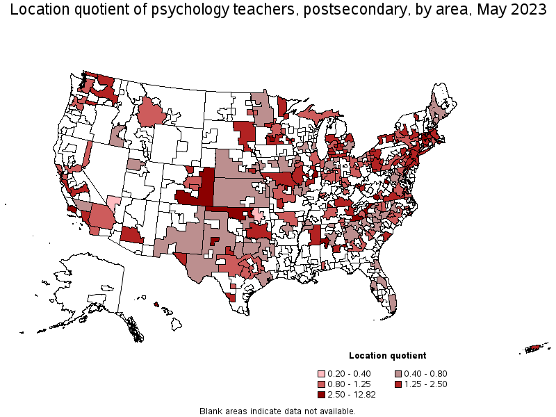 Map of location quotient of psychology teachers, postsecondary by area, May 2022