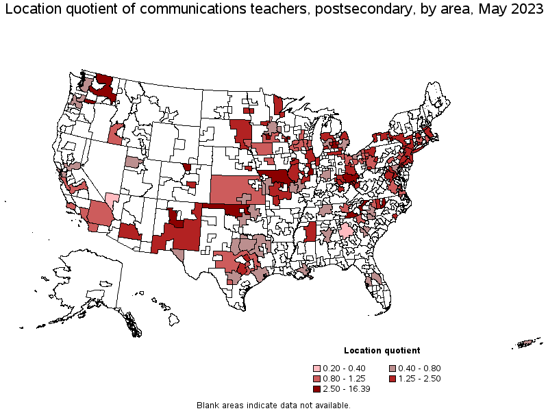 Map of location quotient of communications teachers, postsecondary by area, May 2022