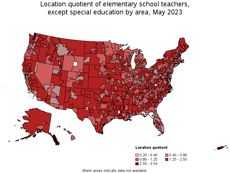 Map of location quotient of elementary school teachers, except special education by area, May 2022