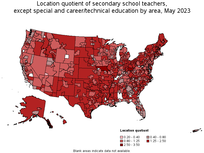 Map of location quotient of secondary school teachers, except special and career/technical education by area, May 2022