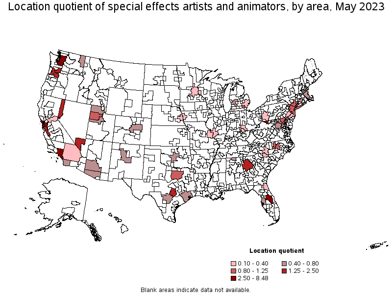 Map of location quotient of special effects artists and animators by area, May 2023